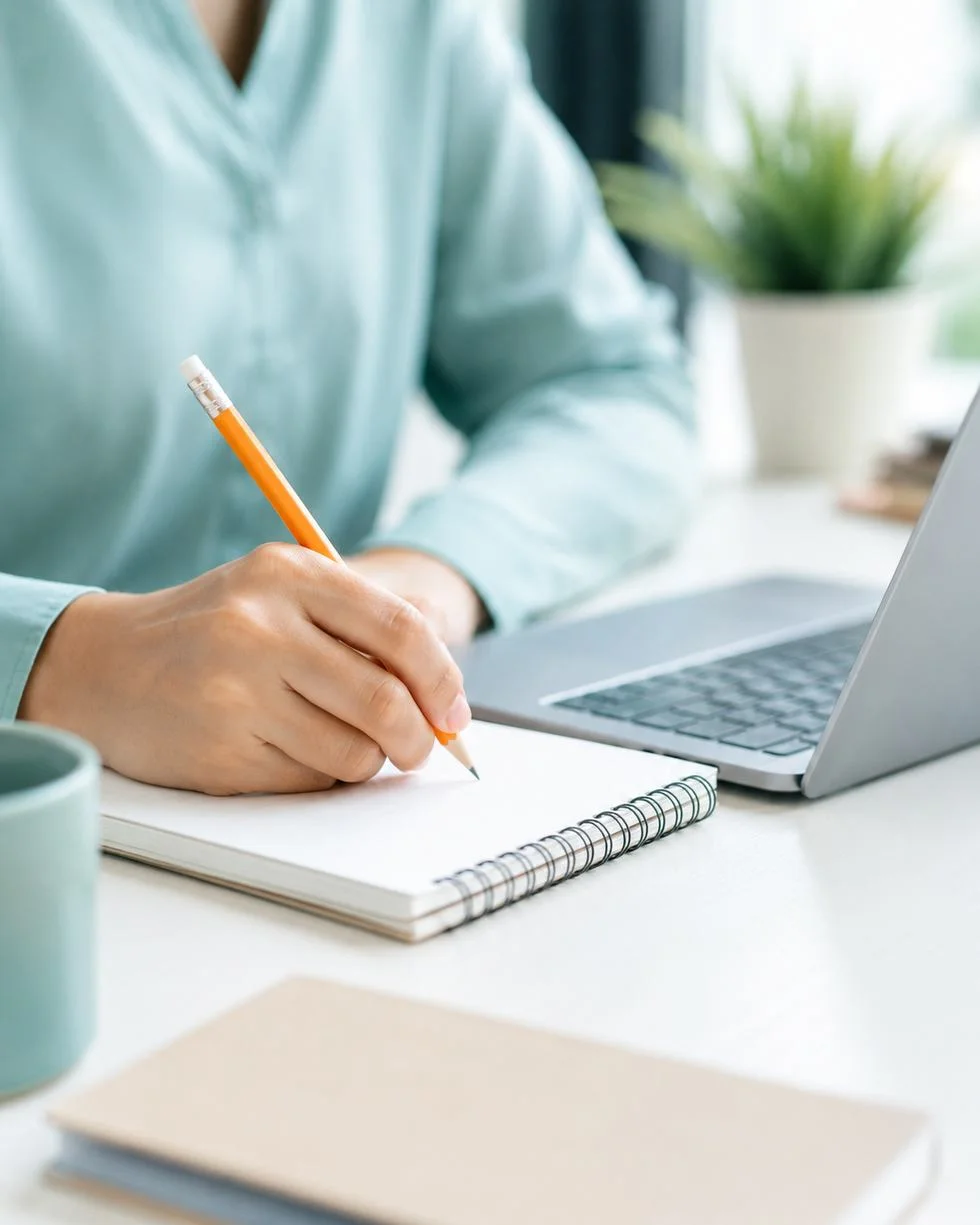 Person working with a notebook and laptop